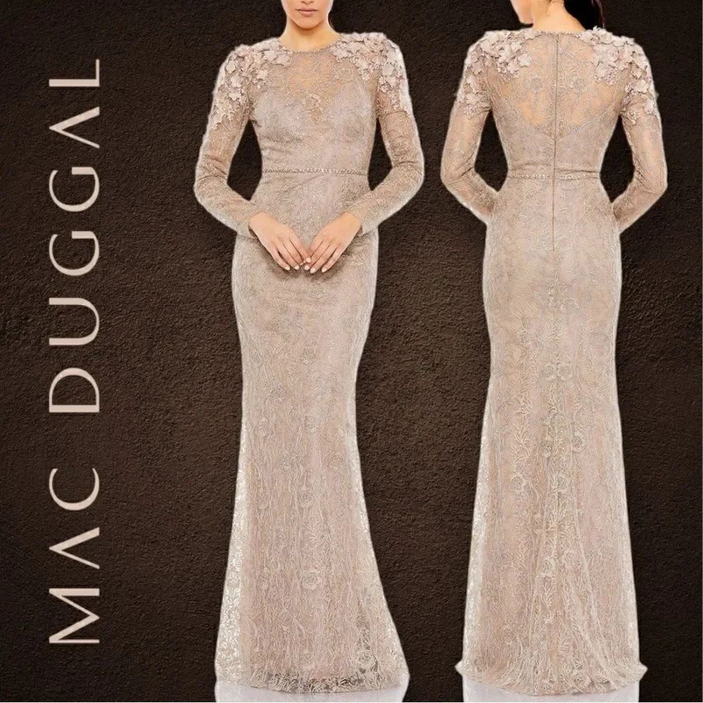 MAC DUGGAL Women’s Embellished Appliqué Shoulder Detail Long Sleeve Gown Size 4